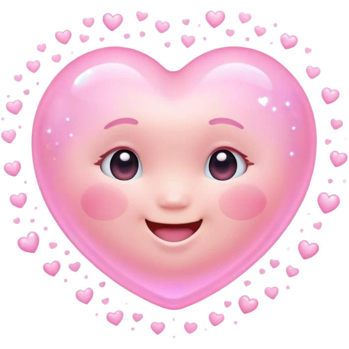 Cinematic floating soft heart, chubby round edges, pastel pink glow, tiny smiling face, surrounded by dreamy sparkles, gentle and loving. emoji