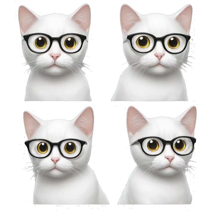 A white cat with glasses with black cover, who looks nerdy and raises its point finger emoji