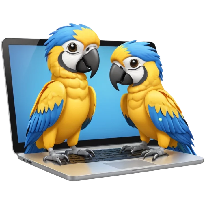 Two yellow and blue macaws using a laptop emoji