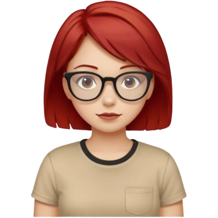girl short-layer-red-hair wear beige T-shirt, wear dark red glasses emoji