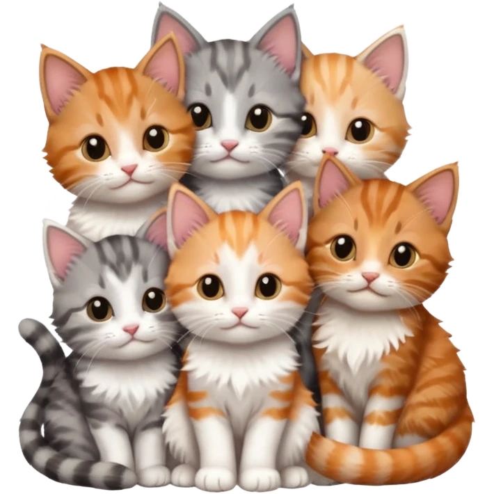 6 tiny kittens cuddling together all different colours, the first one is grey and white, the second is ginger and white and the third is brown tabby and white emoji