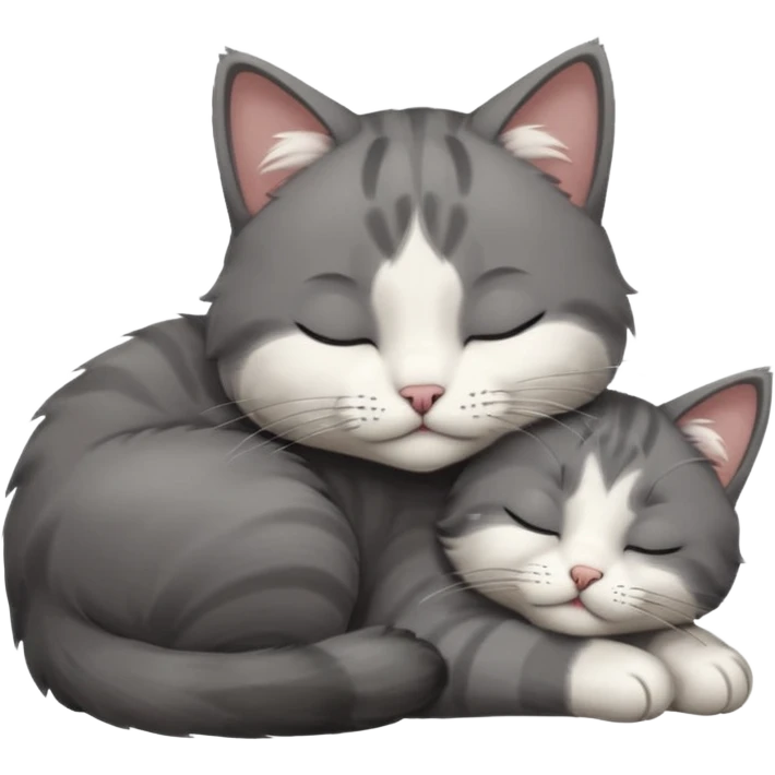 dark grey and white small cat with closed eyes, leaning his head on his paw while leaning on his elbow lying down emoji