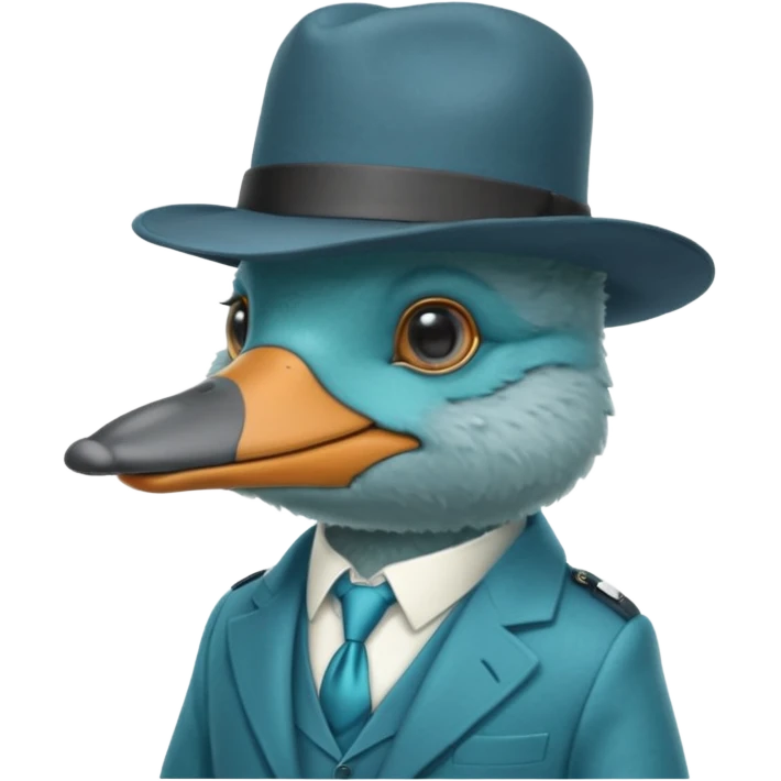 cute light blue turqiouse platypus head with a detective hat and monocle on his eye, no  hands, looks like a platypus but blue, the hat and suit are not blue emoji
