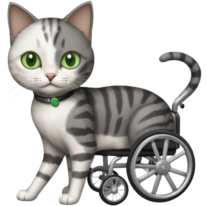 full body small short hair dark grey and white cat with green eyes walking in a wheelchair for cats emoji