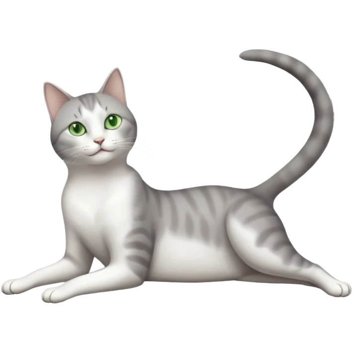 grey and white cat with green eyes doing a big extremely long stretch reaching up into the air with arms and legs side by side together straight and overextended whilst lying on its side emoji