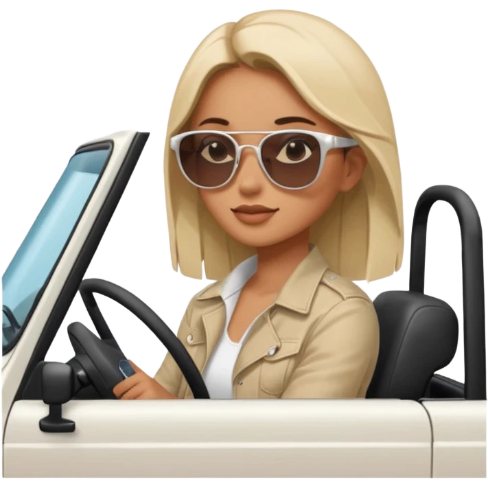 make the jeep white color, show a 45 degree angle and the girl giving a side look emoji