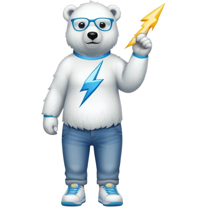 friendly anthropomorphised polar bear standing upright, looking chilled and unbothered, wearing a shirt, jeans, trainers, and lightning bolt-shaped colorful glasses emoji