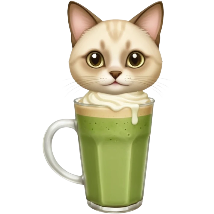 Happy Siamese Cat holding in its paws an iced matcha latte emoji