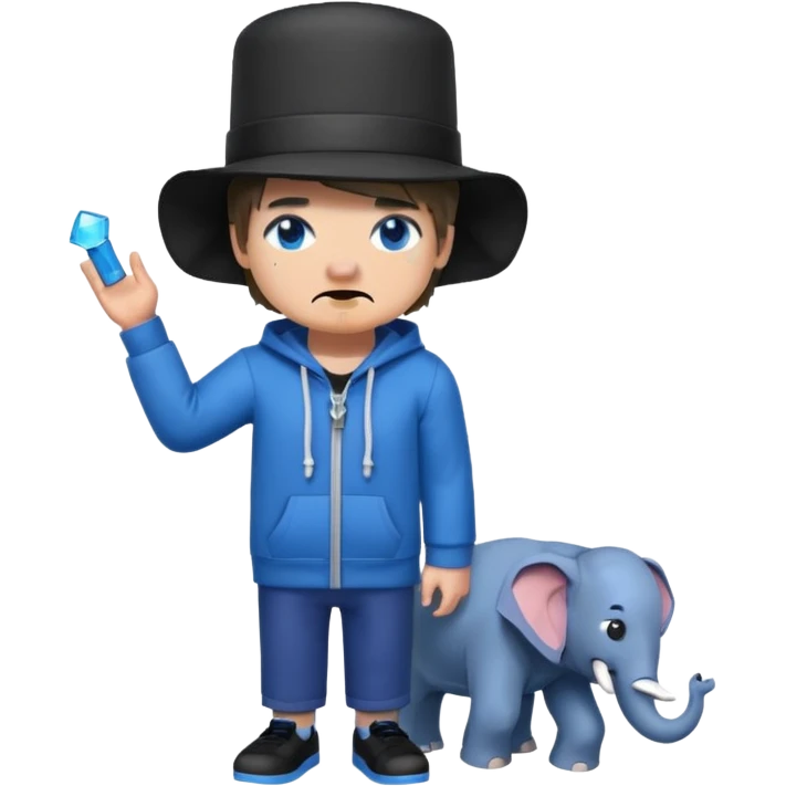 Minecraft character with a top hat And a hoodie That is blue And has a elephant And short hair And A eye patch That is white And black shoes And  Dot eyes  That are  Dark blue And a mouth Drooling And the skin mixed emoji