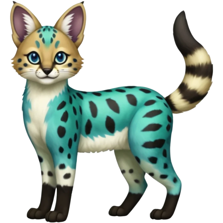 Cobalt-Blue green turquoise black white Purloin-serval-furret-Noibat-caracal-fusion-hybrid-creature (full body) emoji