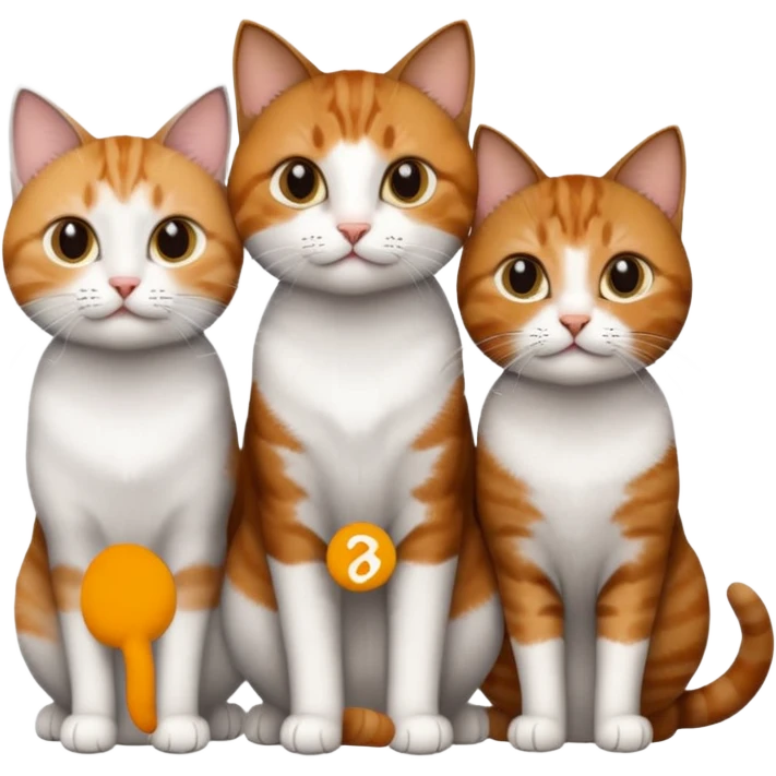 3 different coloured short haired cats, including a dark brown tabby and white cat, and a dark grey and white and a ginger and white emoji