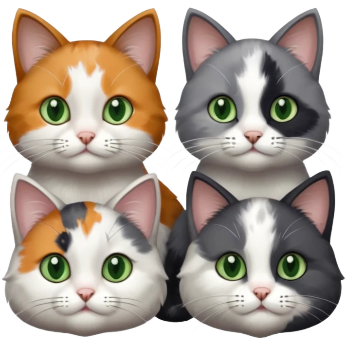 3 different coloured small cats including a dark grey and white, and a patchy calico and a completely solid dark grey with green eyes and only white paws emoji