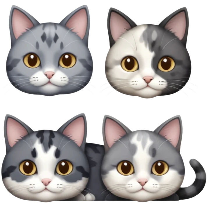3 different coloured small cats including a dark grey and white, and a patchy calico and a completely solid dark grey with only white paws emoji