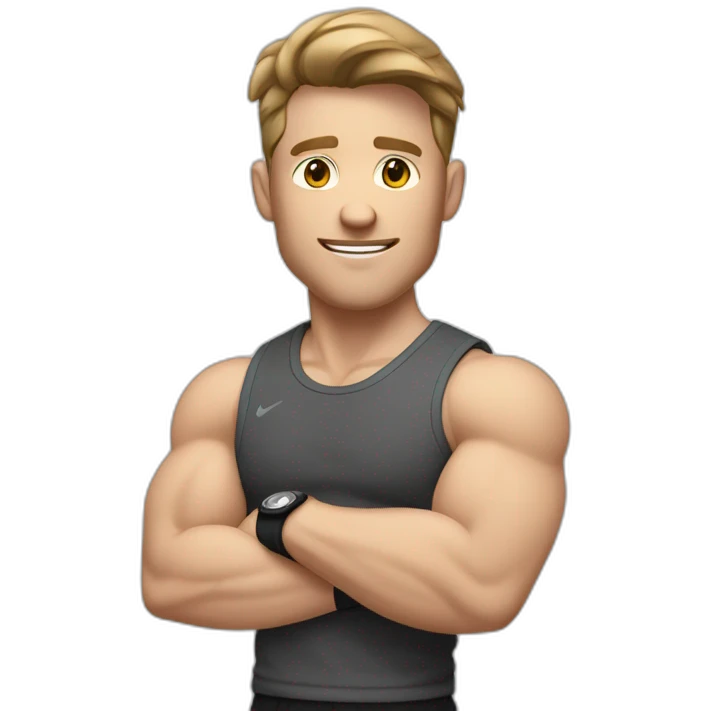 Close up Actively gesturing  with hands Pale skinned Fit Man With the biceps and brown hair in dark gray Sleeveless Mike, black oversize sports shorts, watch and white Sneakers emoji
