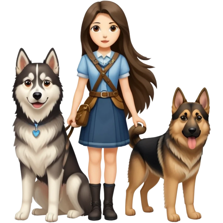 A long-haired girl is leading a husky and a German shepherd emoji