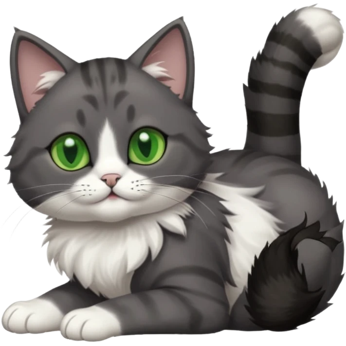dark grey cat with green eyes, white toes/paws and white patch on her chest playfully rolling upside down emoji