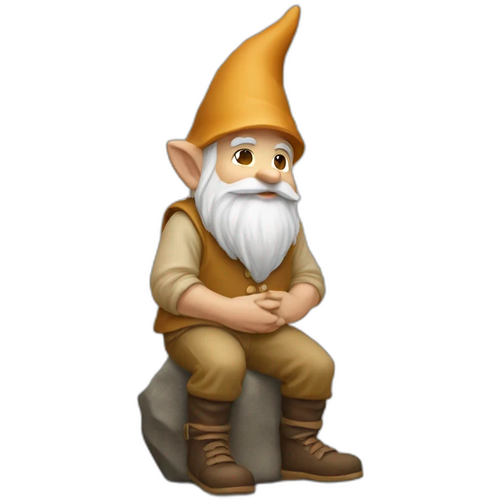 side view of gnome with tan pants sitting over a brown stone emoji