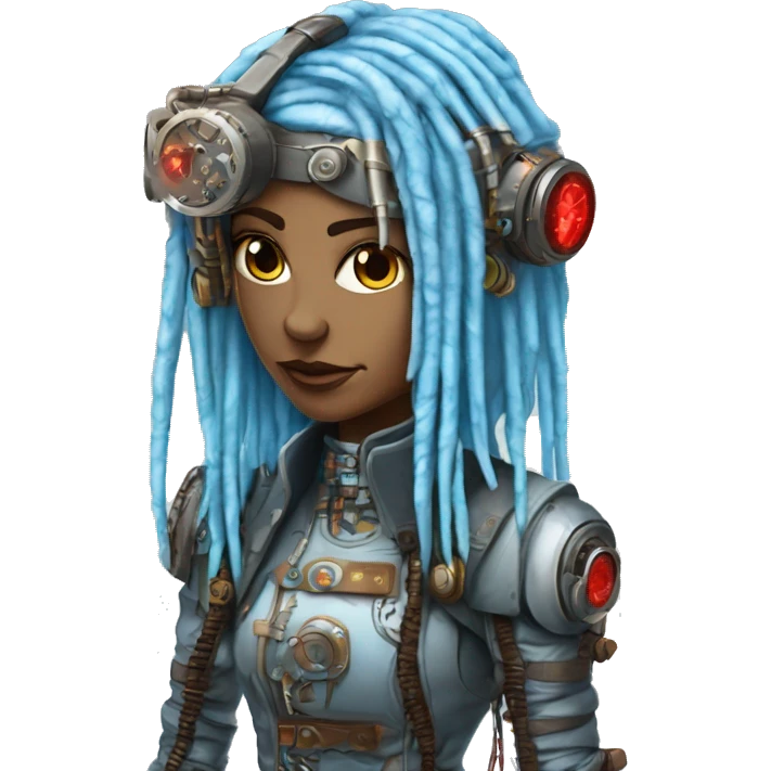Light blue long dreadlocks female cyborg head with red steampunk goggles and circuits emoji