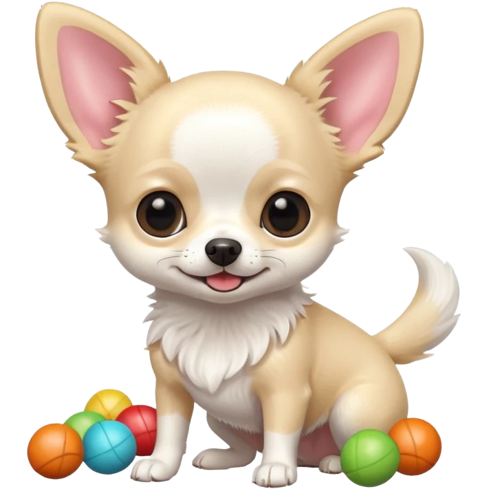 Fluffy all white chihuahua playing with tiny toys emoji