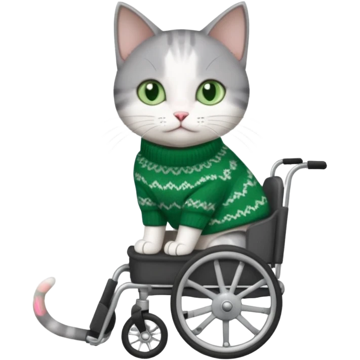 full body small short hair dark grey and white cat with green eyes walking in a wheelchair for cats emoji