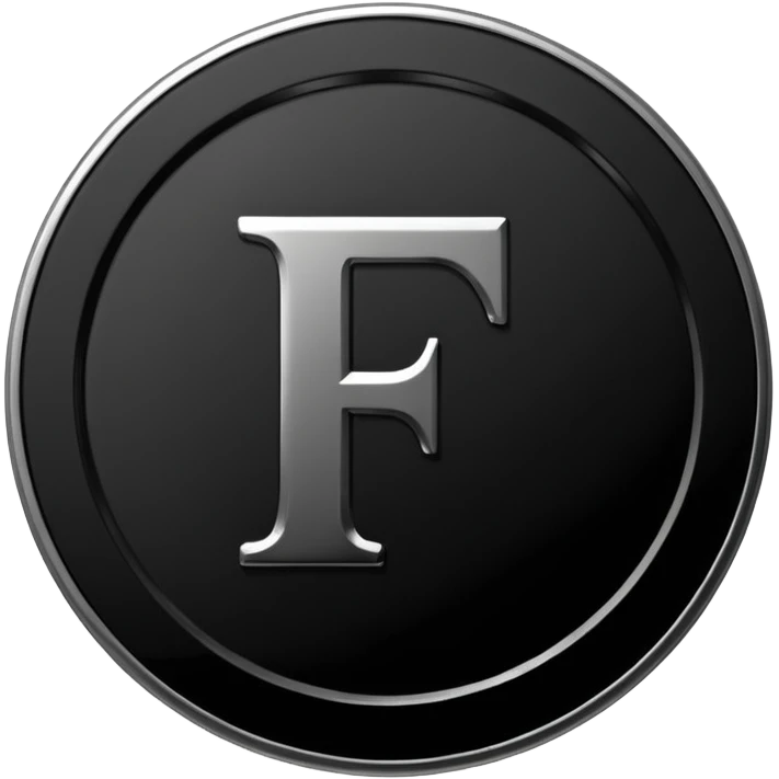 Emoji icon of a black coin with engraved letter F, minimalist style, isolated, only black color emoji