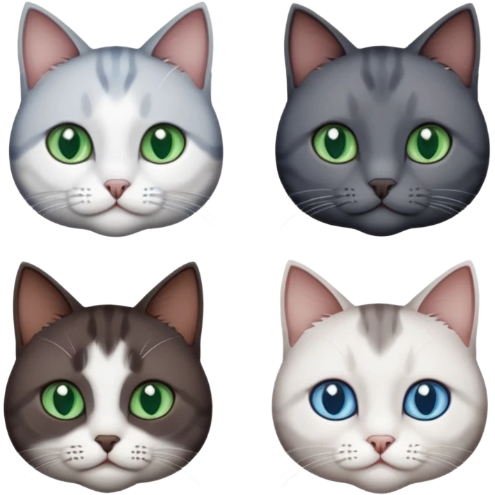 4 different coloured short haired cats including; a dark brown and white cat, and a dark grey and white  emoji