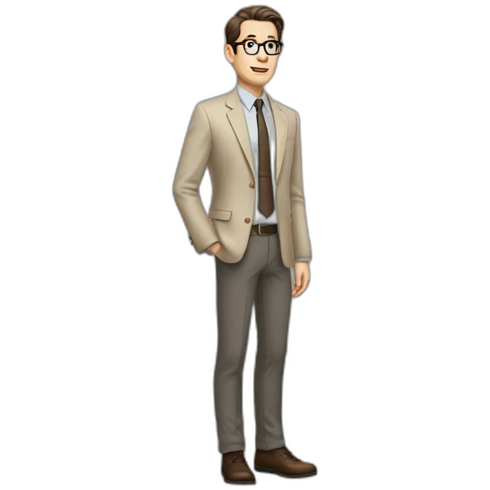 Full height Gesticulating Pale skinned fit man with dark brown hair in gray jacket, beige office shirt, brown tie, brown pants and vintage glasses. emoji