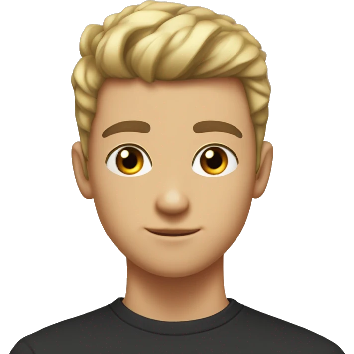 thick eyebrows, an average nose, and black eyes, My hair is styled forward, with shaved sides and bangs that cover my forehead. teenager average guy male 15 years old  emoji