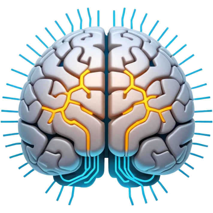 glowing futuristic brain with circuit patterns, radiating intelligence and innovation emoji