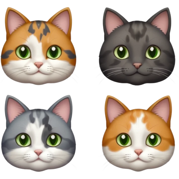 3 different coloured small cats including a dark grey and white, and a patchy calico with hazel eyes and a completely solid dark grey with green eyes and only white paws emoji