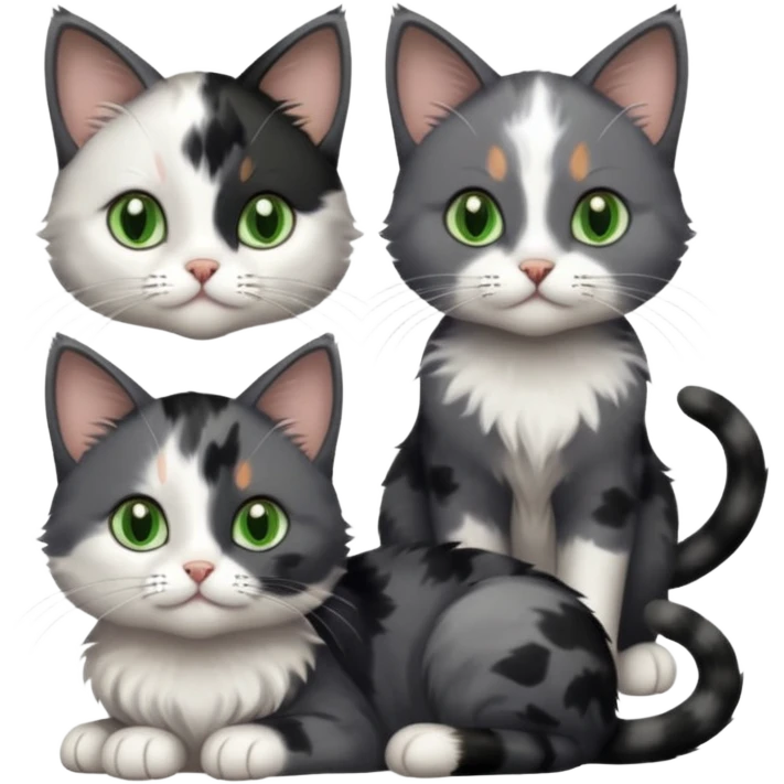 3 different coloured small cats including a dark grey and white, and a patchy calico and a completely solid dark grey with green eyes and only white paws emoji