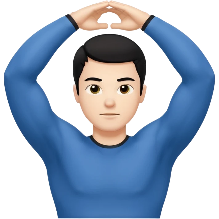 Hombre blanco pelinegro haciendo ejercicio de estiramiento de brazos emoji