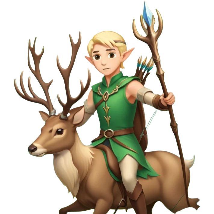 clash-of-clans-aesthetic-blond-male elf-archer-portrait-emoji, rendered in a flat, vector-style with minimal shading and bold, simplified shapes, head tilted slightly forward with a determined, focused expression, riding a majestic stag whose luminous antlers glow with mystical energy, set against an ancient, enchanted forest backdrop. emoji