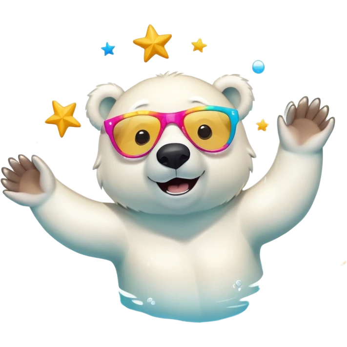 friendly anthropomorphised polar bear swimming in a crawl pose, wearing oversized colorful star glasses, excited expression, no festive outfit emoji