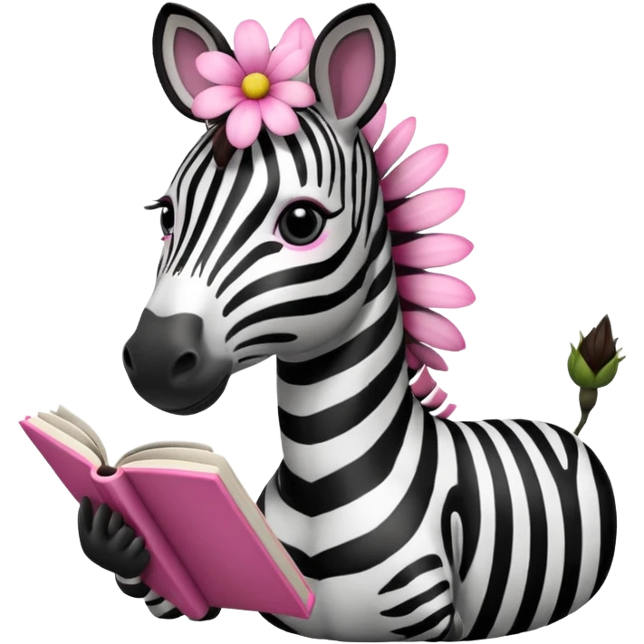 Zebra reading books + pink flower emoji