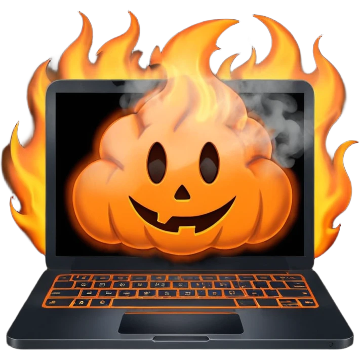  burning laptop with "malwarebytes" logo emoji