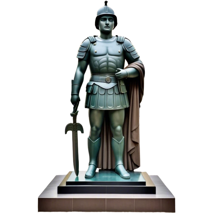 Cinematic Realistic Roman Soldier Statue at Botero Square Landmark Emoji, depicted as a striking, larger-than-life sculpture rendered with rich detail and dynamic, urban lighting. emoji