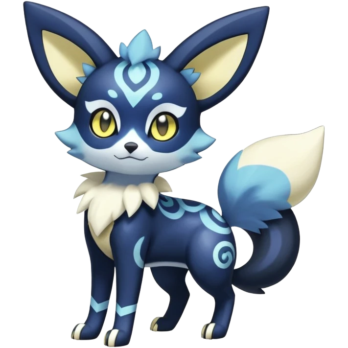 Shiny Exotic Colorful Excessive Mysterious Gothic Meowstic-Umbreon-Poochyena-Pokémon-Fakémon-hybrid-creature (full body) with pattern-markings with golden eyes emoji