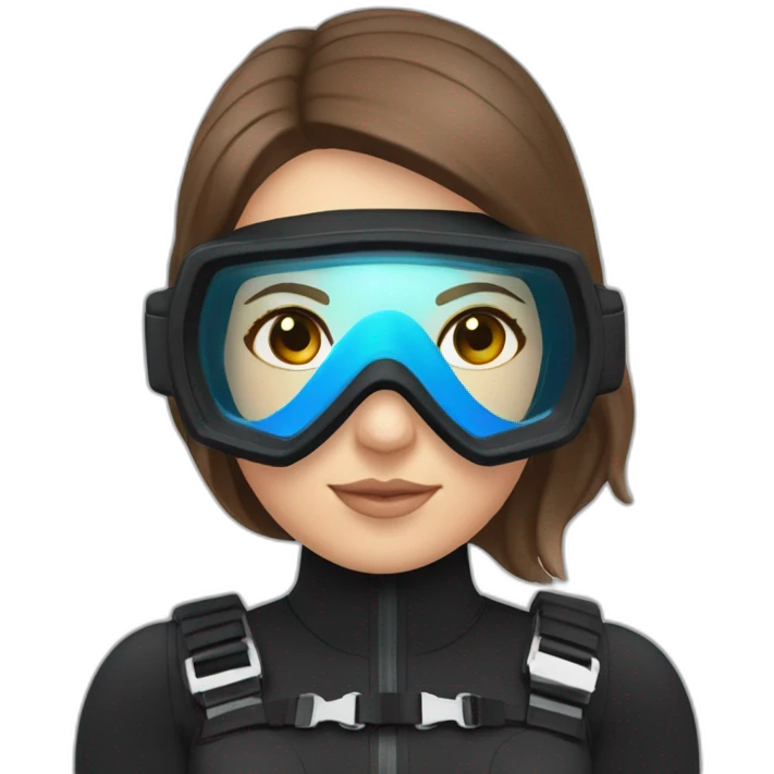 a woman with an a black scubadiver suit. pink dive mask, with blues eyes inside the dive mask. brown largue and straight hair emoji