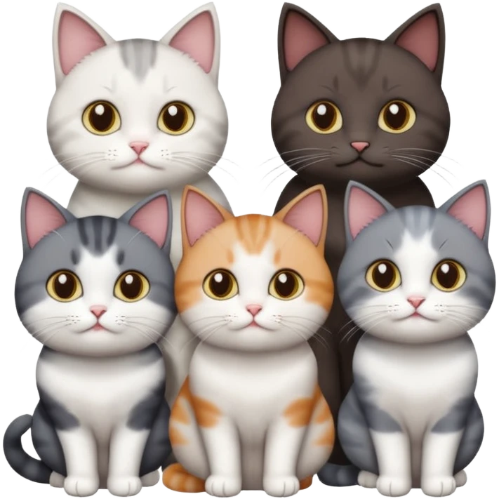 4 different coloured short haired cats including; a dark brown and white cat, and a dark grey and white  emoji