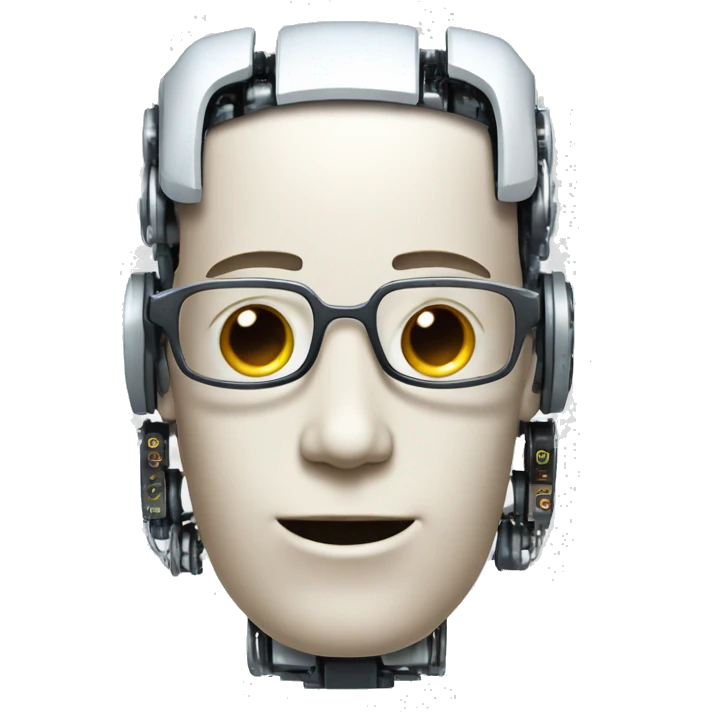 Robotic Cyborg head with fair skin, flat top haircut, rectangular glasses, circuits and smiling  emoji