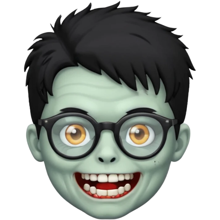 Zombie boy with fluffy hair wearing glasses while showing his white teeth emoji