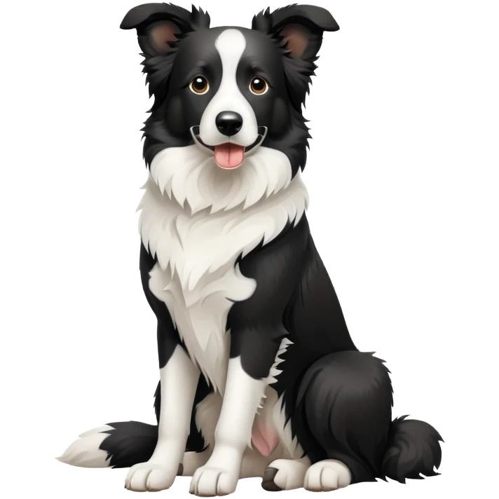 Sitting Border Collie dog with ONLY ONE single black ear, the rest of the dog including the other ear is completely white, extreme contrast between the one black ear and white body emoji