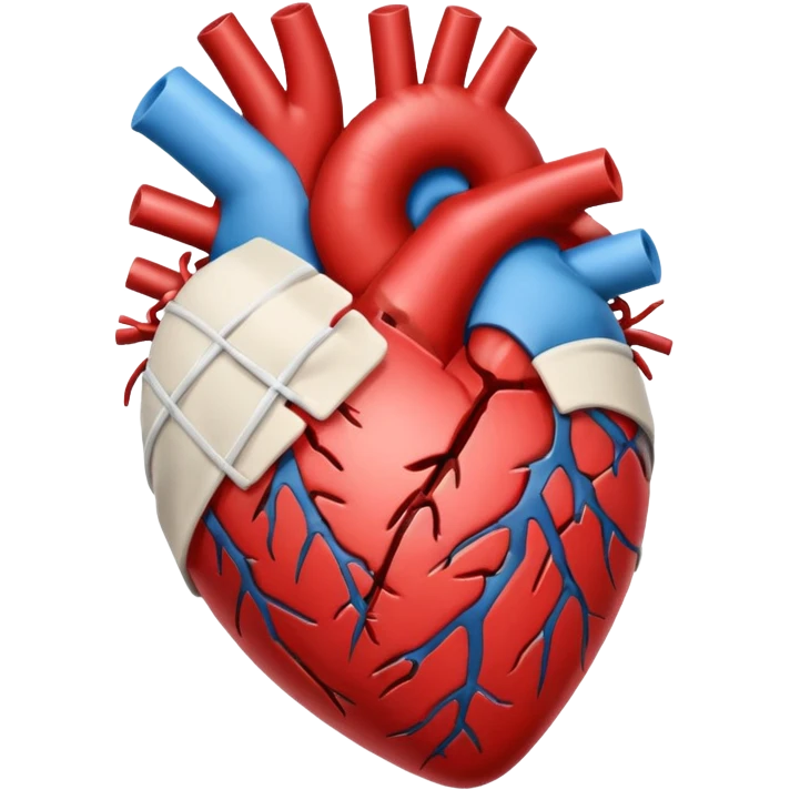 Un corazón humano roto con grietas  sangrando y expulsando sangre rodeado de vendas y tiritas que se despegan sin hacer efecto emoji