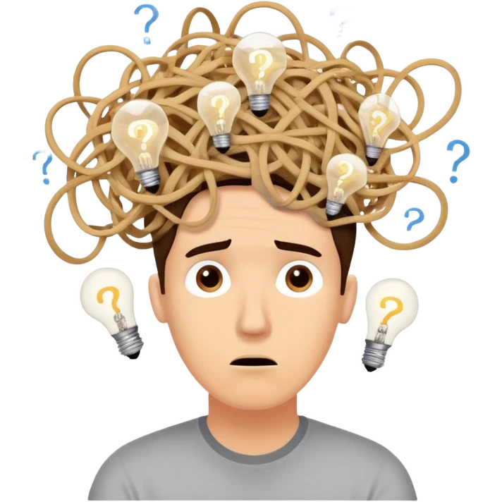Person with a chaotic mind, swirling tornado of tangled thoughts around their head, containing question marks, light bulbs, and scribbles. The person has a bewildered, overwhelmed expression. emoji