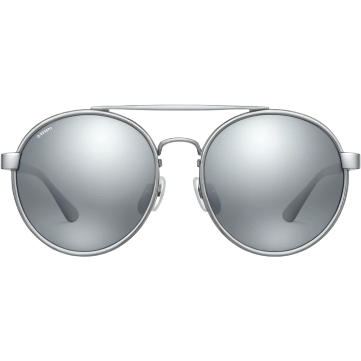 A pair of luxury sunglasses emoji with silver chrome frame, smooth rounded lenses, reflective metallic surface, high-end swag aesthetic, minimal and clean design, iOS emoji style, centered, white background emoji