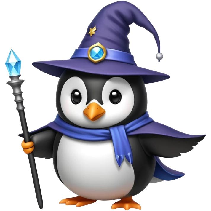 penguin wearing a wizard hat and holding a magic wand emoji