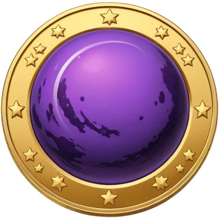 a cartoonish space-themed coin with a purple planet on it emoji
