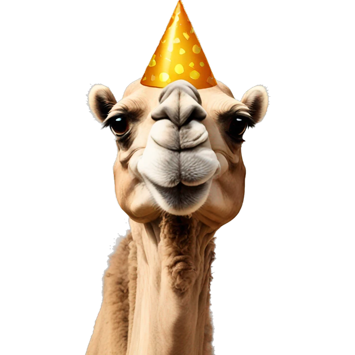 Camel wearing a party hat emoji