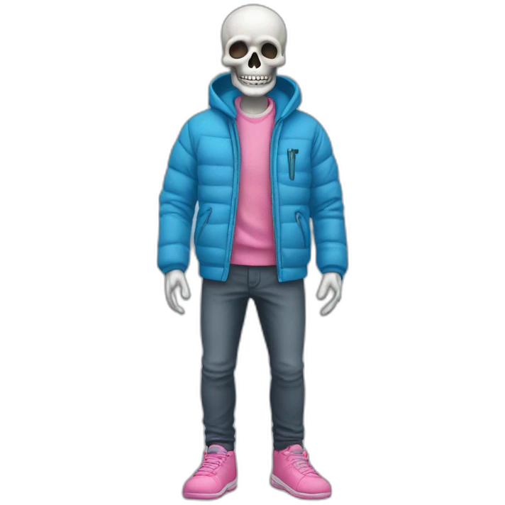 skeleton friendly in a blue winter jacket with pink shoes and without a hood and a grey undershirt emoji